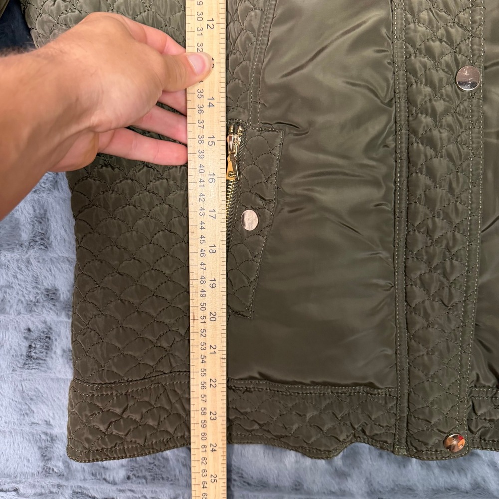 Black Rivet Quilted Jacket Womens Large Olive Green Faux Fur Collar Gold Zip - Picture 2 of 8